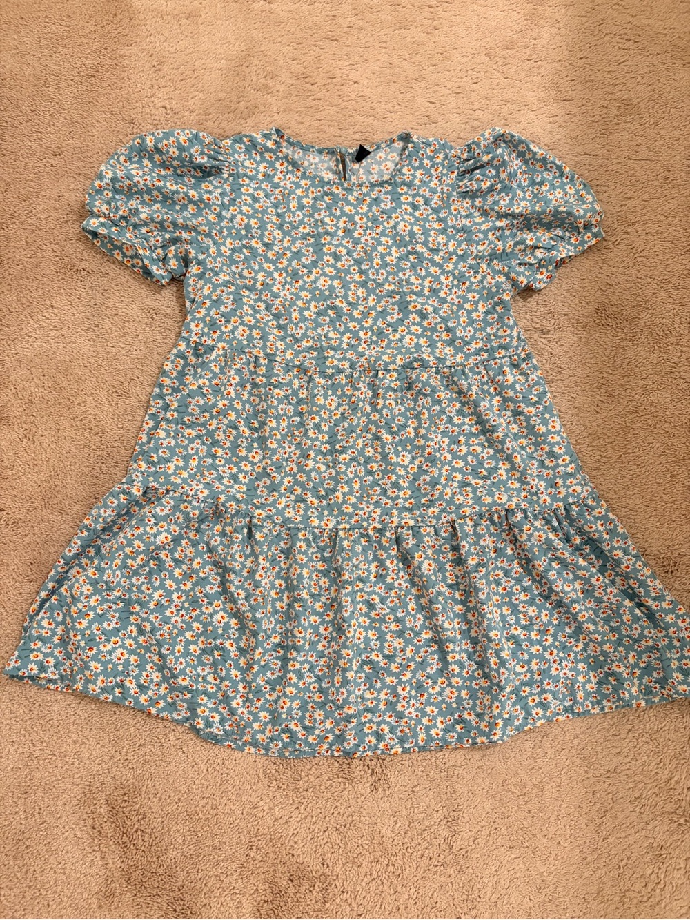 SHEIN Blue Daisy Tiered Puff Sleeve Dress #095